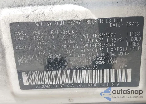 2012 Subaru Outback 2.5I z USA, uszkodzony, nr VIN 4S4BRCAC8C3263070